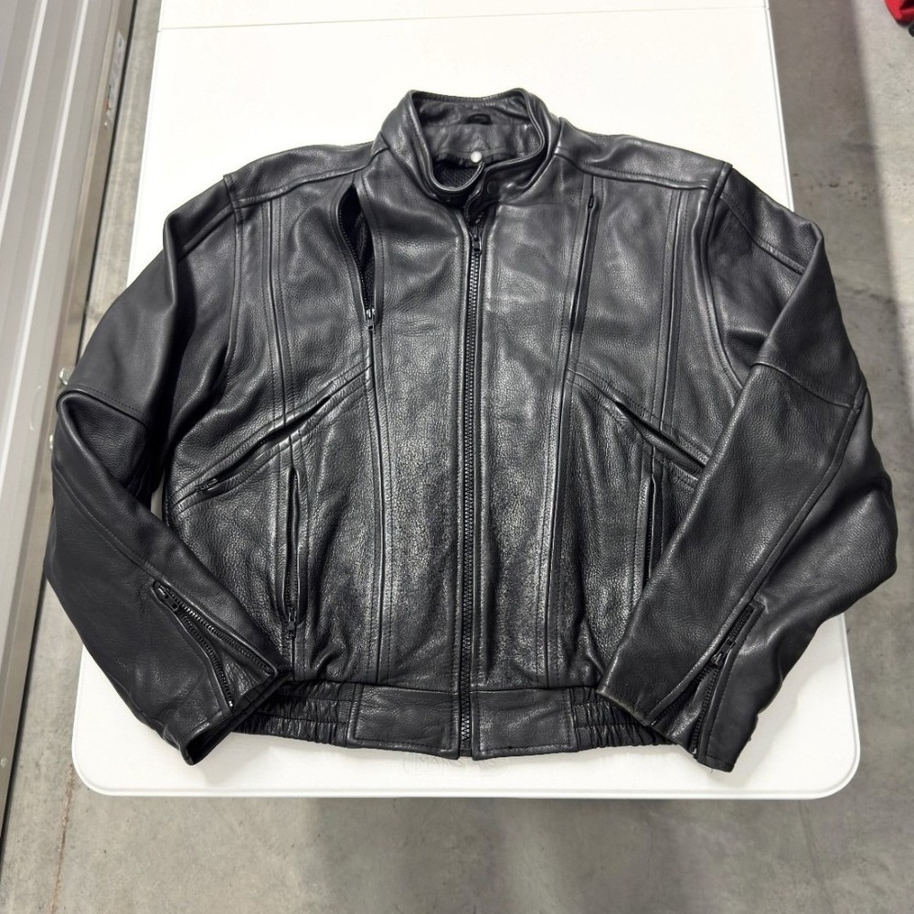 Mega Force Black Leather Motorcycle Jacket Mens 48 Biker Moto Mesh Lined Zip Up